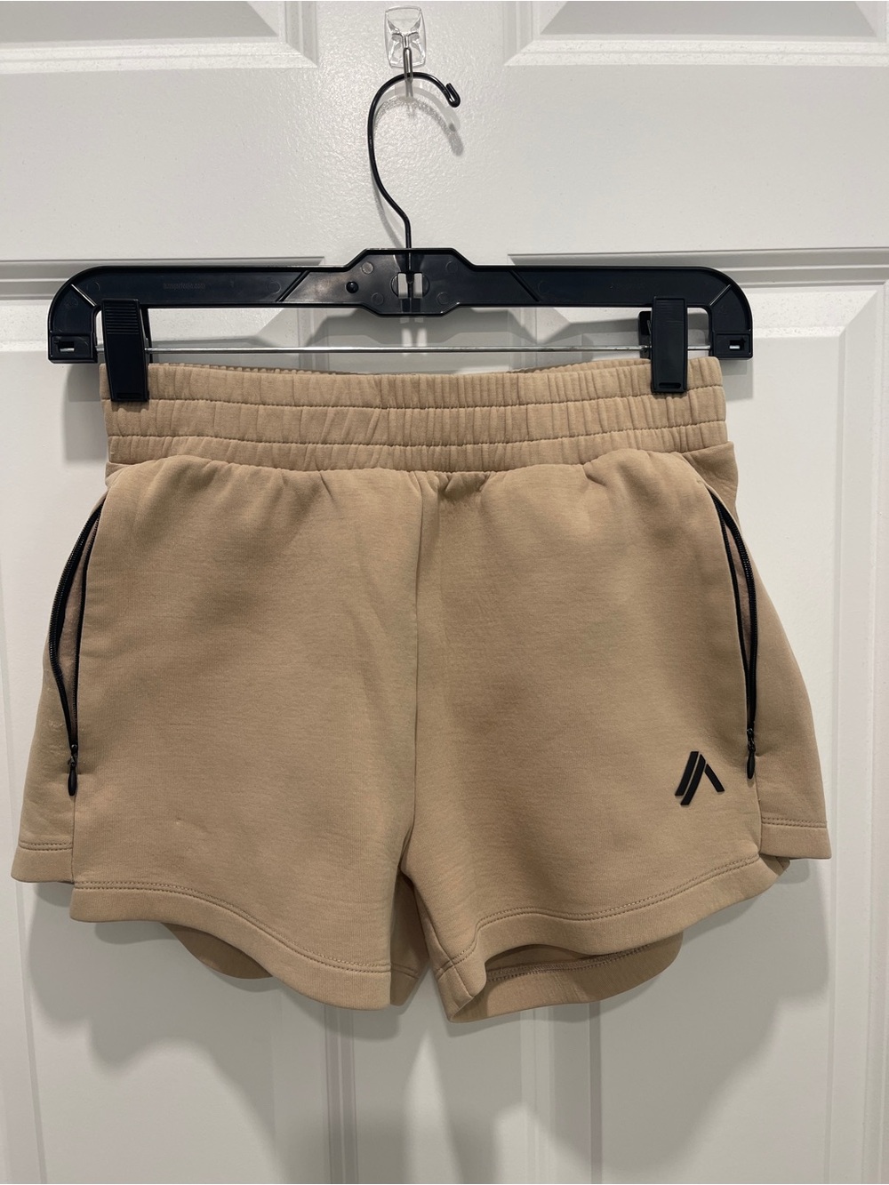 Alphalete Beige Athletic Drawstring Shorts with Black Trim
